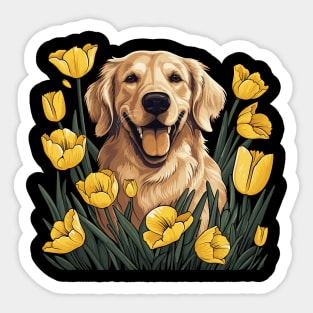 A Golden Retriever surrounded with Daffodils, illustration Sticker
